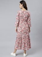 Janasya Women's Peach Cotton Floral Printed Casual Flared kurta