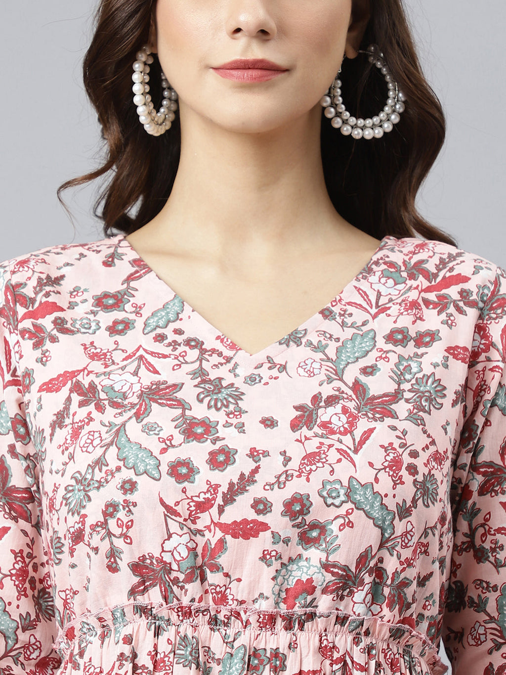 Janasya Women's Peach Cotton Floral Printed Casual Flared kurta