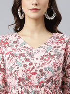 Janasya Women's Peach Cotton Floral Printed Casual Flared kurta