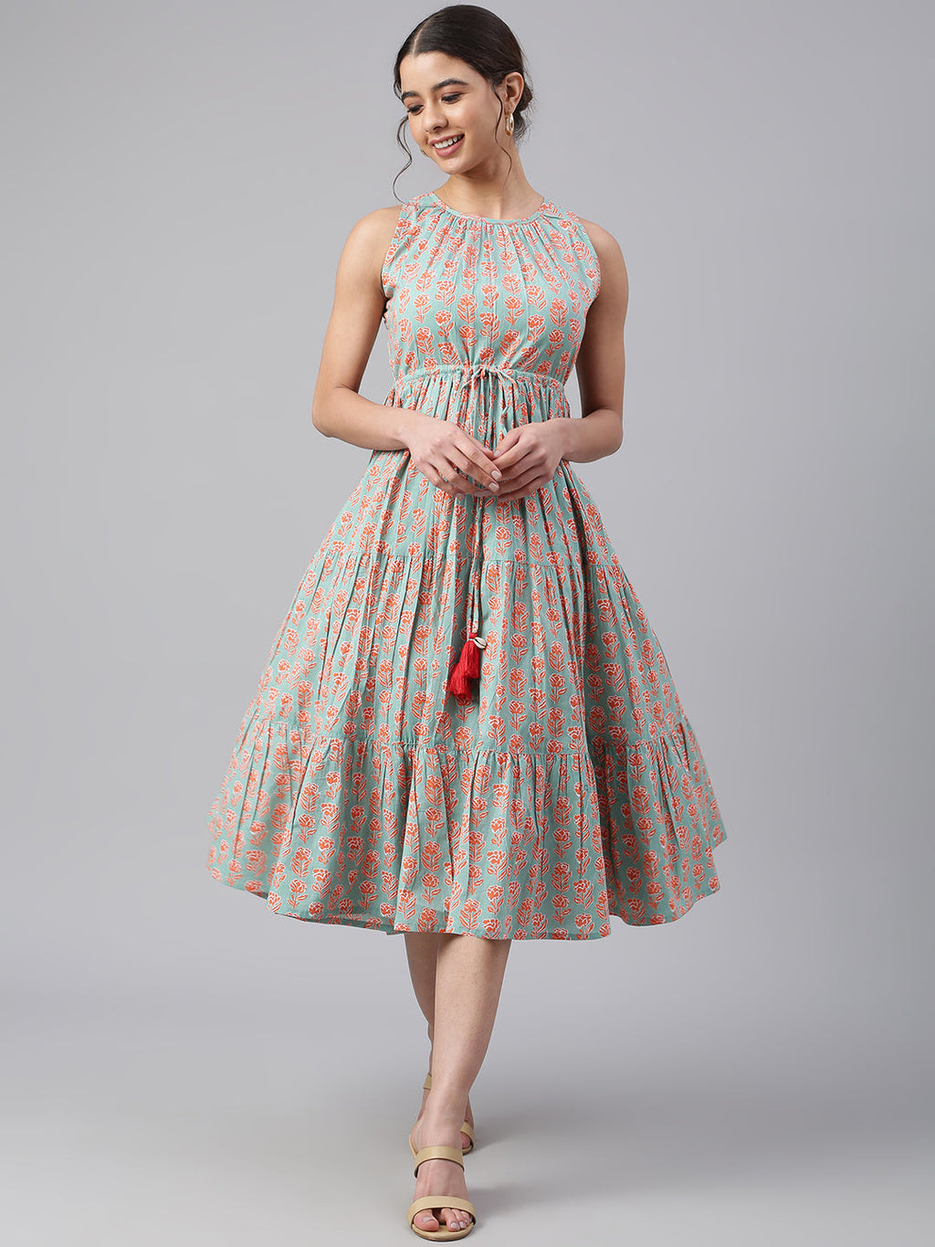 Janasya Women's Mint Green Cotton Floral Printed Tiered Western Dress - Distacart