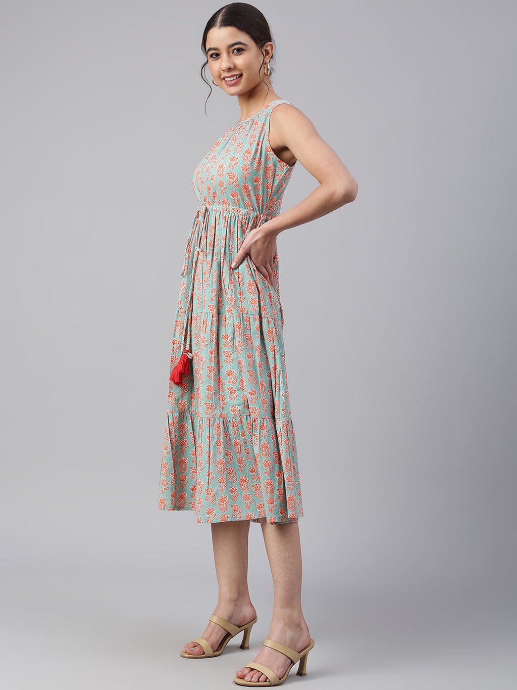 Janasya Women's Mint Green Cotton Floral Printed Tiered Western Dress - Distacart