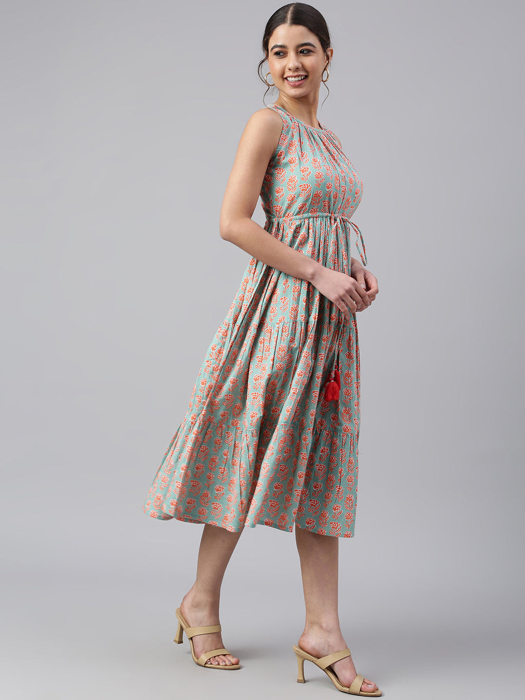 Janasya Women's Mint Green Cotton Floral Printed Tiered Western Dress - Distacart