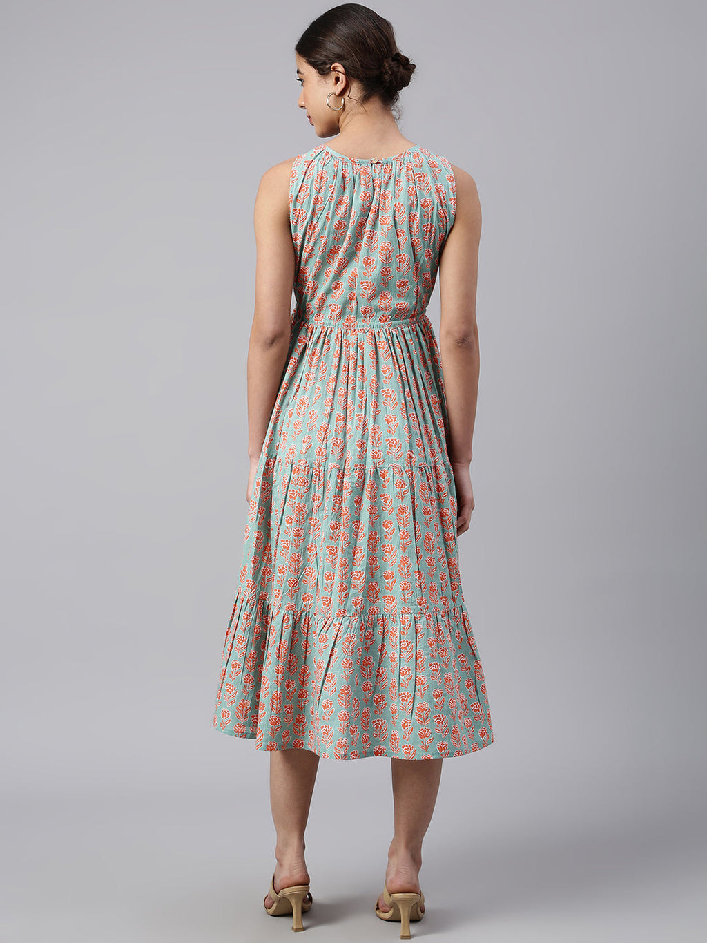 Janasya Women's Mint Green Cotton Floral Printed Tiered Western Dress - Distacart