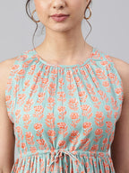 Janasya Women's Mint Green Cotton Floral Printed Tiered Western Dress - Distacart