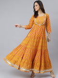 Janasya Women's Mustard Cotton Floral Print Flared Kurta