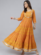 Janasya Women's Mustard Cotton Floral Print Flared Kurta