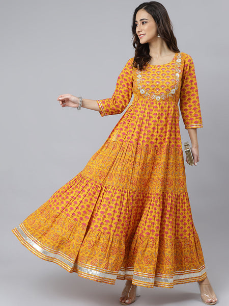 Janasya Women's Mustard Cotton Floral Print Flared Kurta