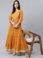 Janasya Women's Mustard Cotton Floral Print Flared Kurta