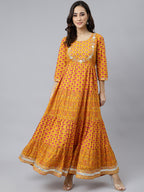 Janasya Women's Mustard Cotton Floral Print Flared Kurta