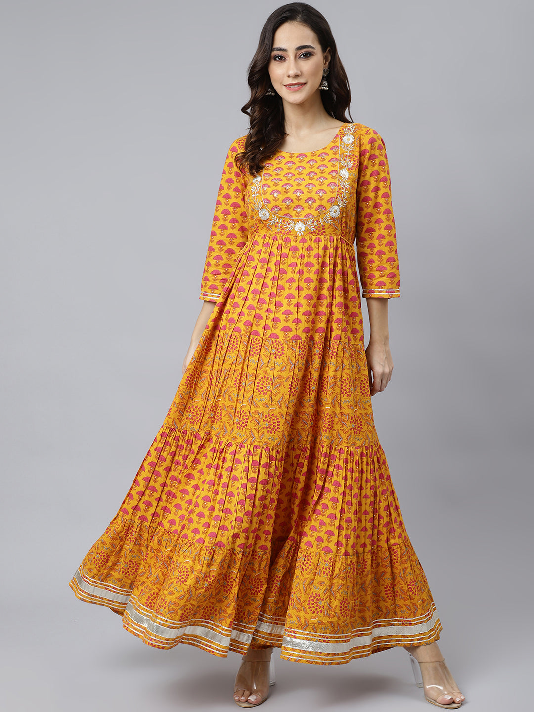 Janasya Women's Mustard Cotton Floral Print Flared Kurta