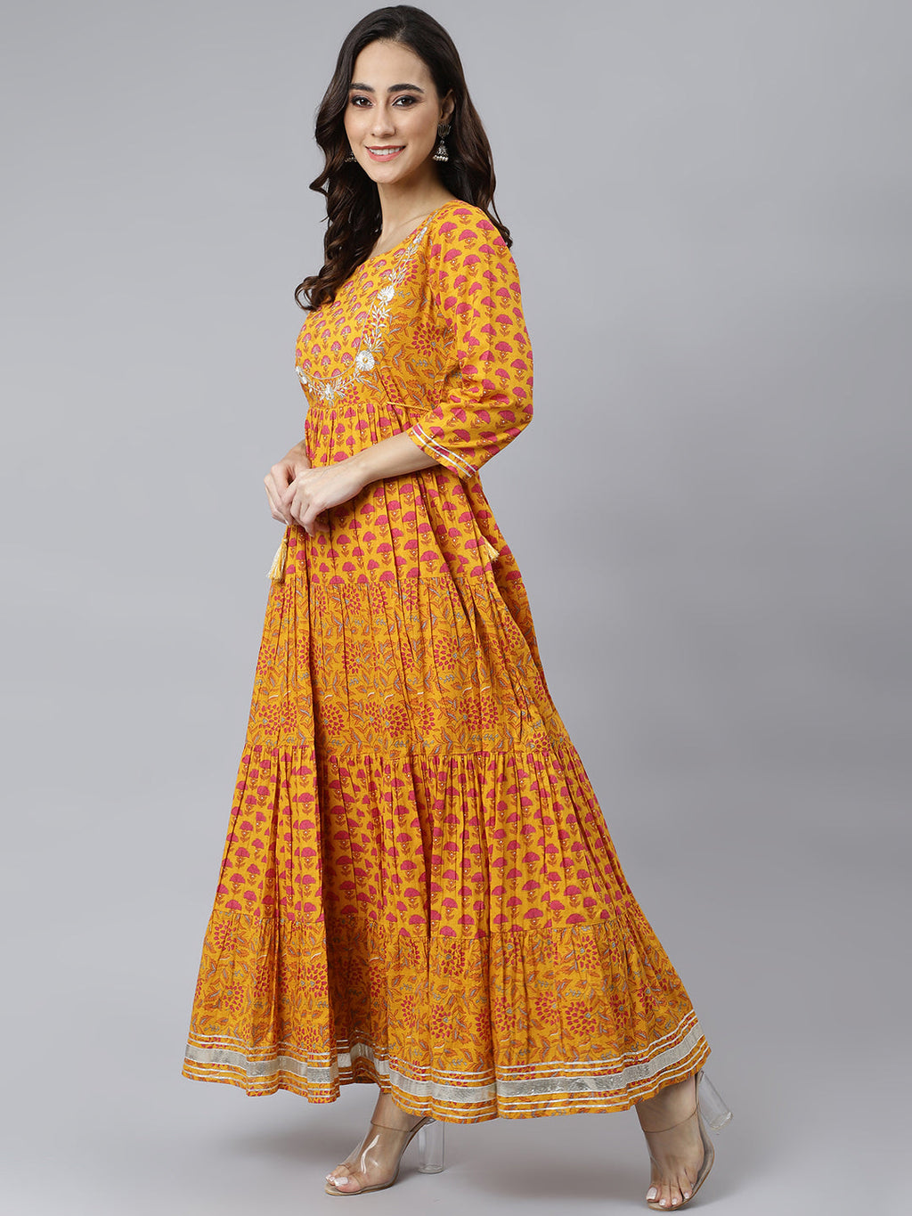 Janasya Women's Mustard Cotton Floral Print Flared Kurta