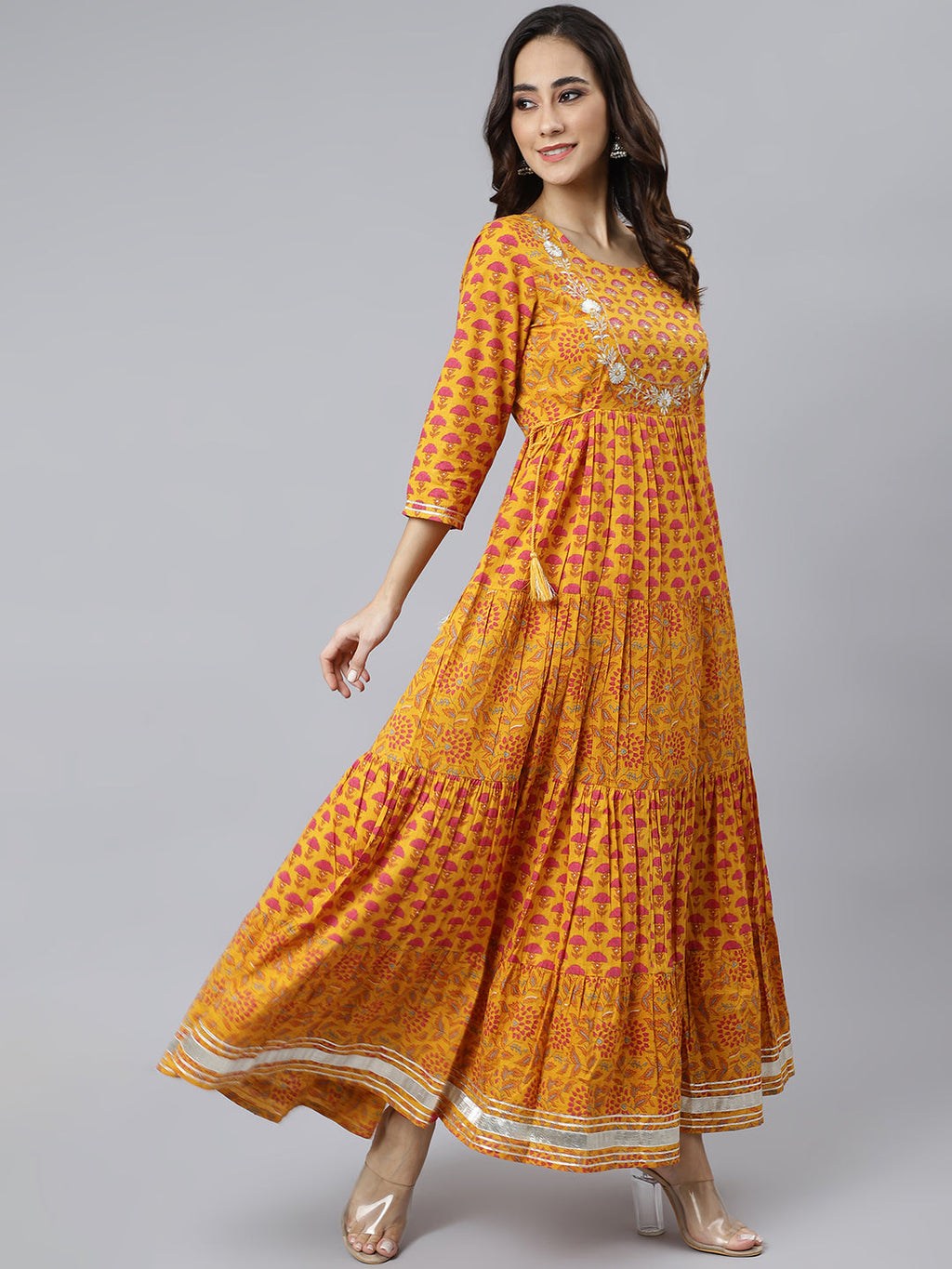 Janasya Women's Mustard Cotton Floral Print Flared Kurta