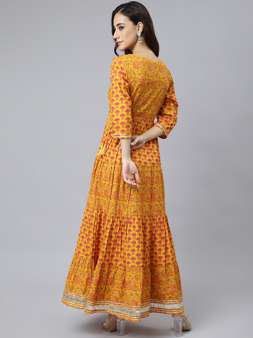 Janasya Women's Mustard Cotton Floral Print Flared Kurta