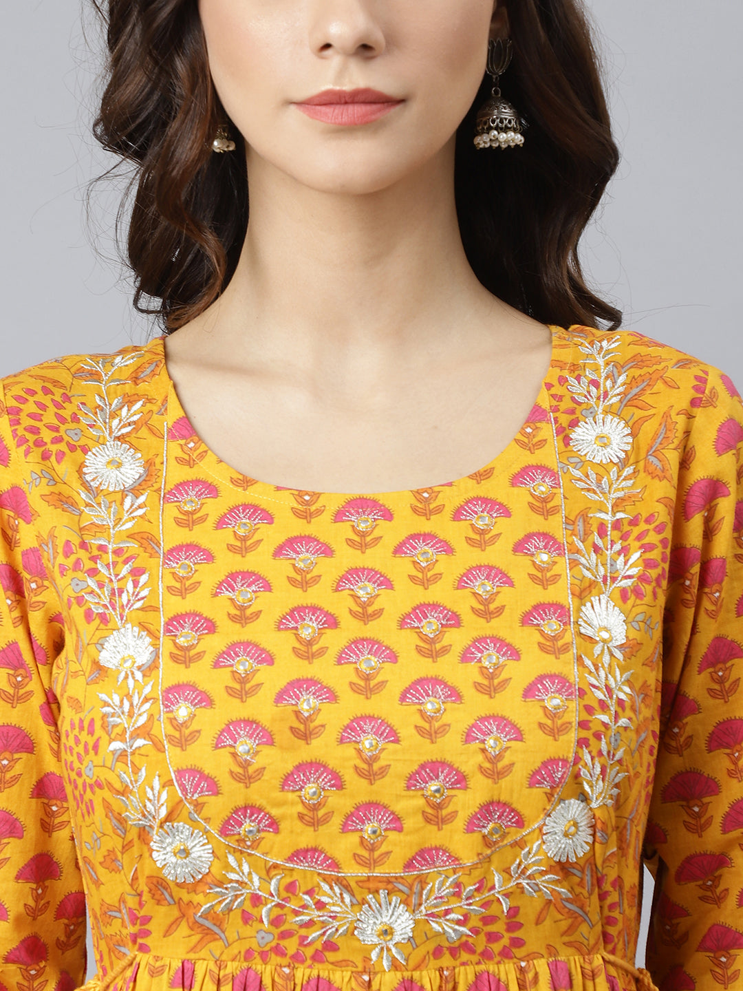 Janasya Women's Mustard Cotton Floral Print Flared Kurta