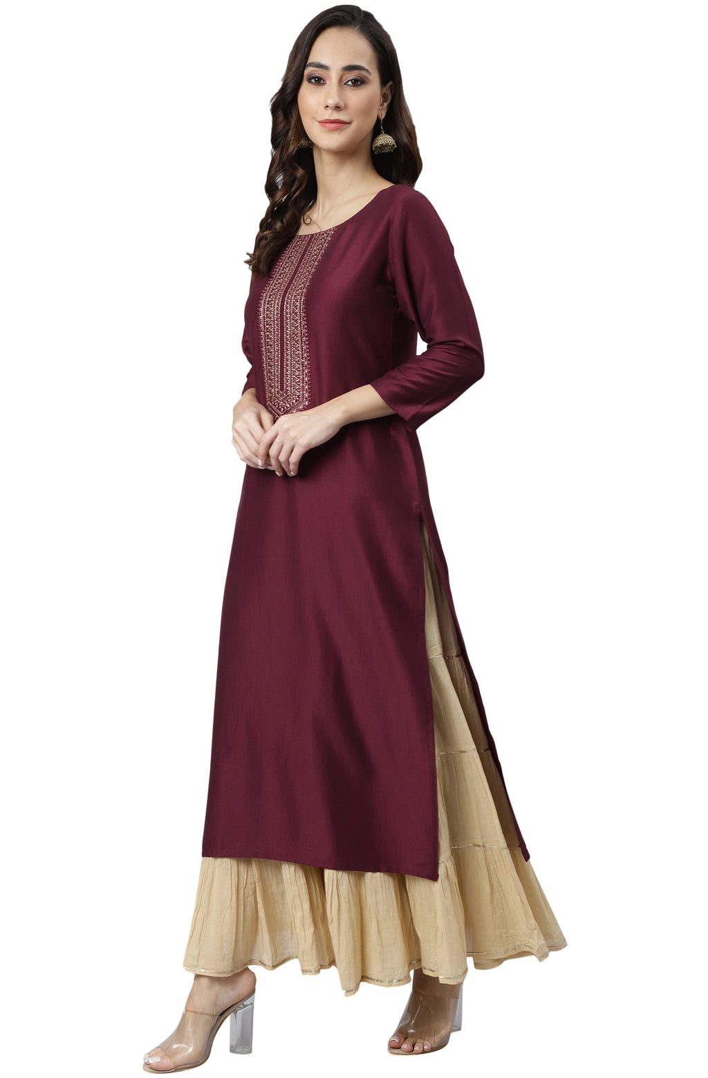 Janasya Wine Poly Silk Solid Straight kurta - Distacart