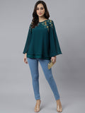 Janasya Women's Teal Blue Georgette Embellished Casual A-Line Top