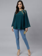 Janasya Women's Teal Blue Georgette Embellished Casual A-Line Top