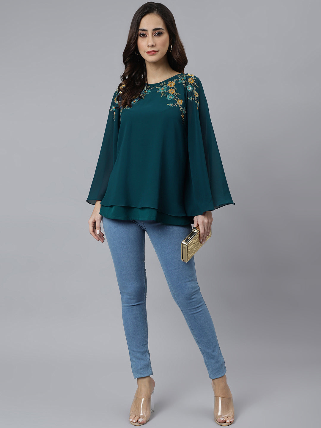 Janasya Women's Teal Blue Georgette Embellished Casual A-Line Top