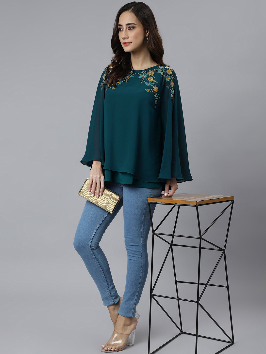Janasya Women's Teal Blue Georgette Embellished Casual A-Line Top