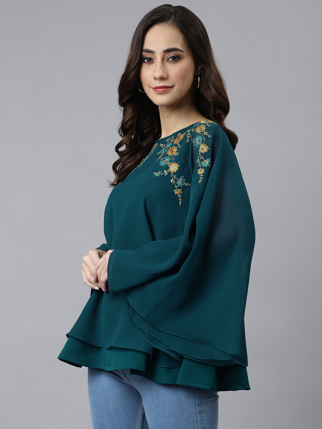 Janasya Women's Teal Blue Georgette Embellished Casual A-Line Top