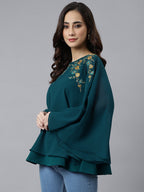Janasya Women's Teal Blue Georgette Embellished Casual A-Line Top