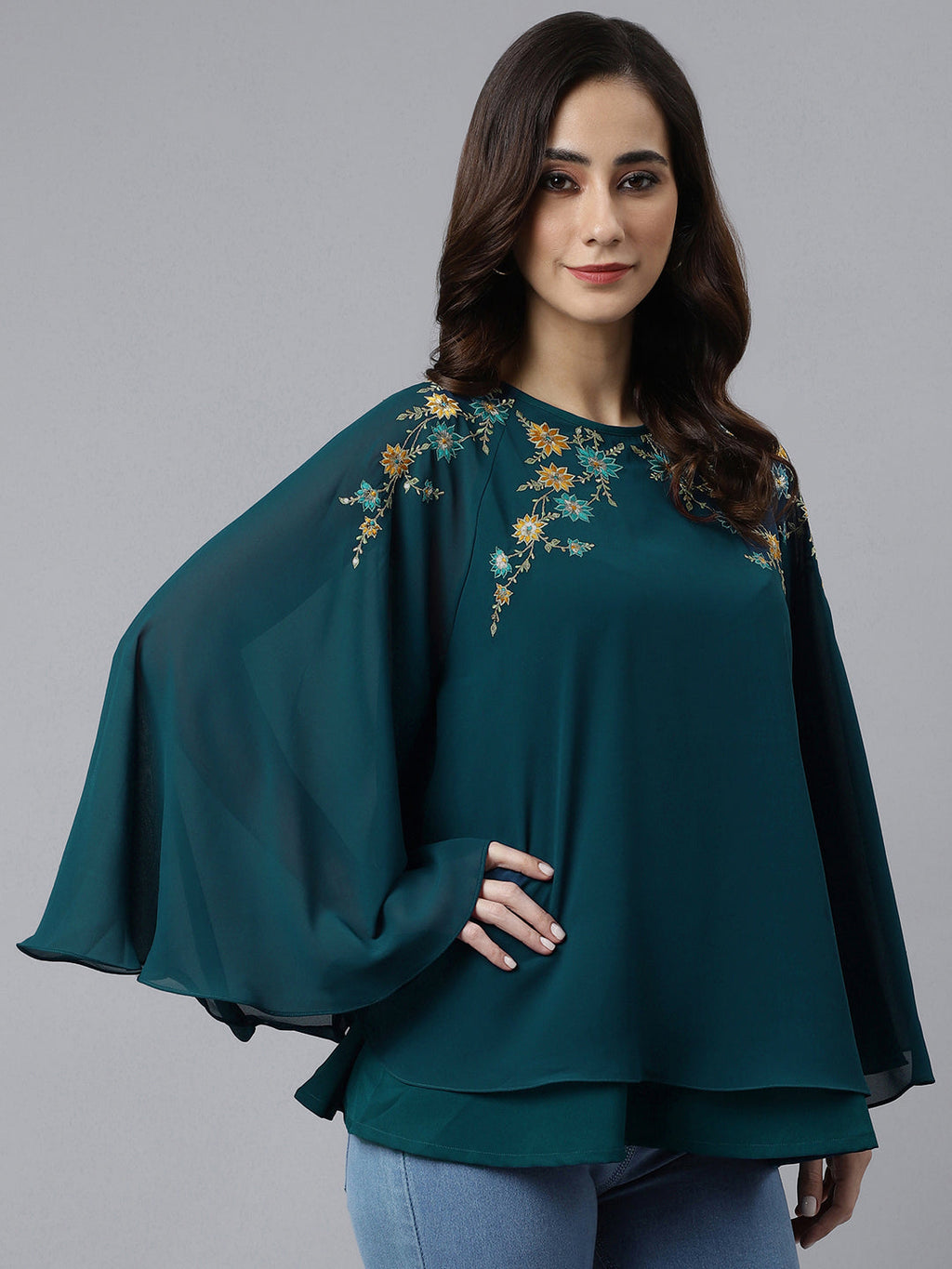 Janasya Women's Teal Blue Georgette Embellished Casual A-Line Top