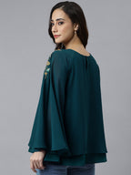 Janasya Women's Teal Blue Georgette Embellished Casual A-Line Top