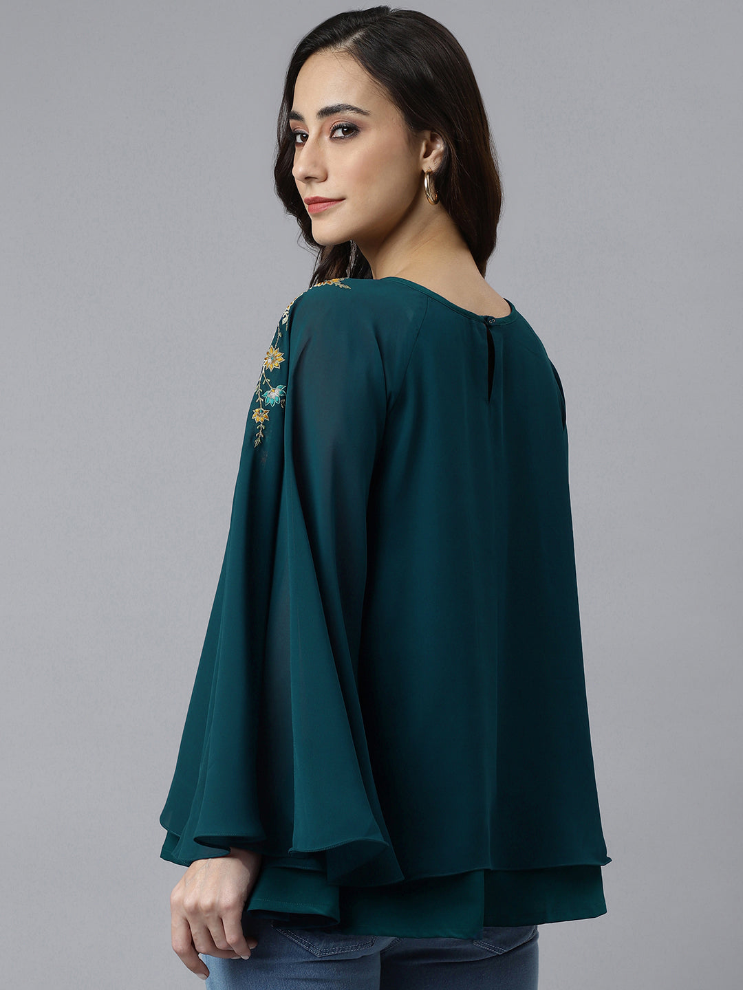 Janasya Women's Teal Blue Georgette Embellished Casual A-Line Top