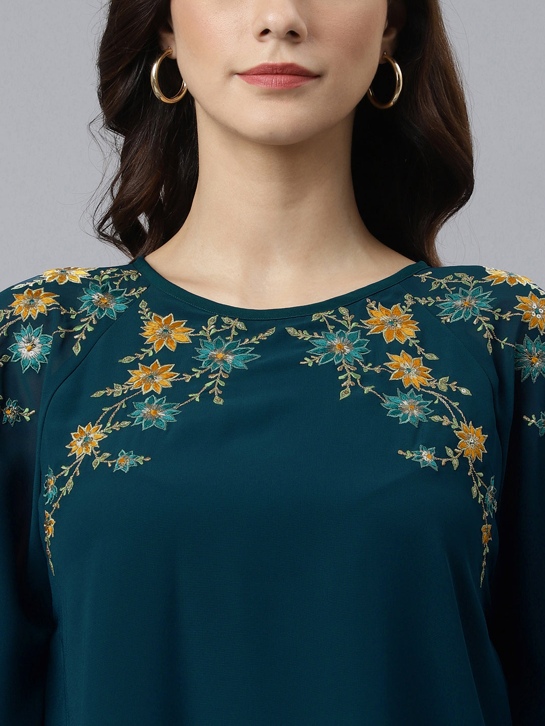 Janasya Women's Teal Blue Georgette Embellished Casual A-Line Top