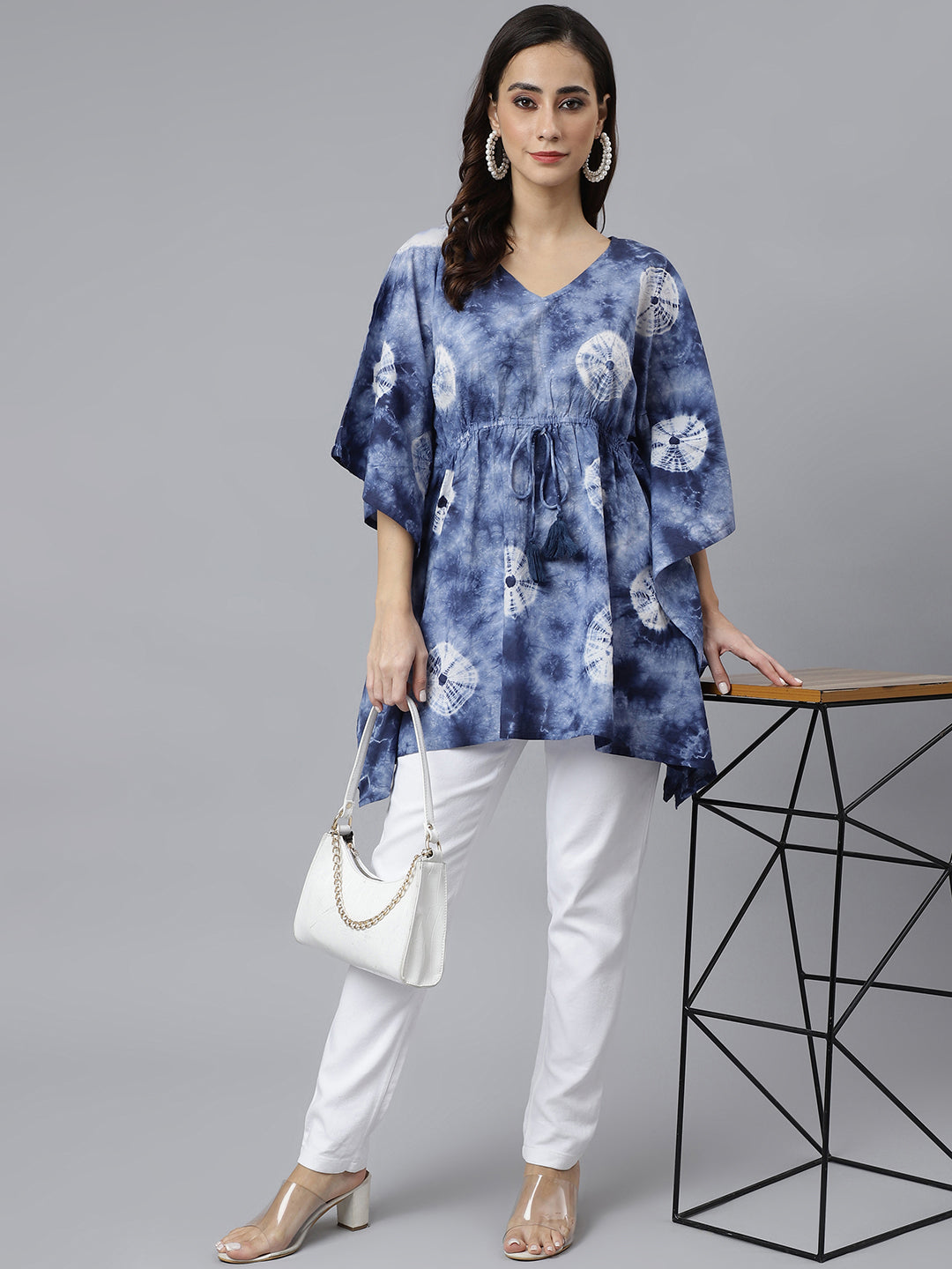 Janasya Women's Navy Blue Cotton Tie dye Kaftan Kaftan Tunic - Distacart
