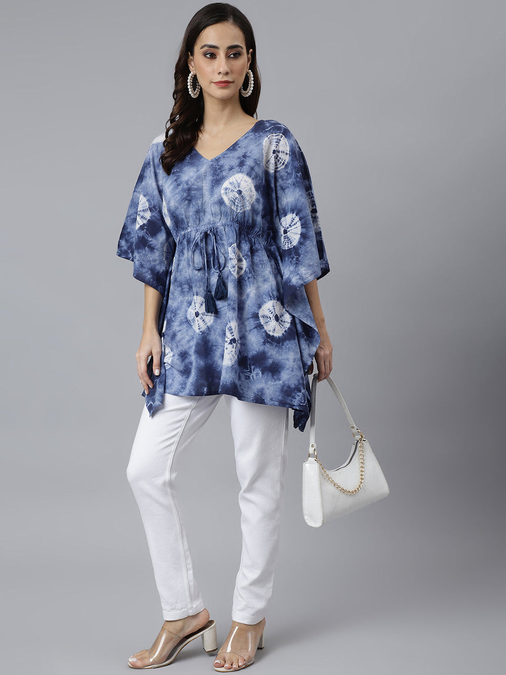 Janasya Women's Navy Blue Cotton Tie dye Kaftan Kaftan Tunic - Distacart
