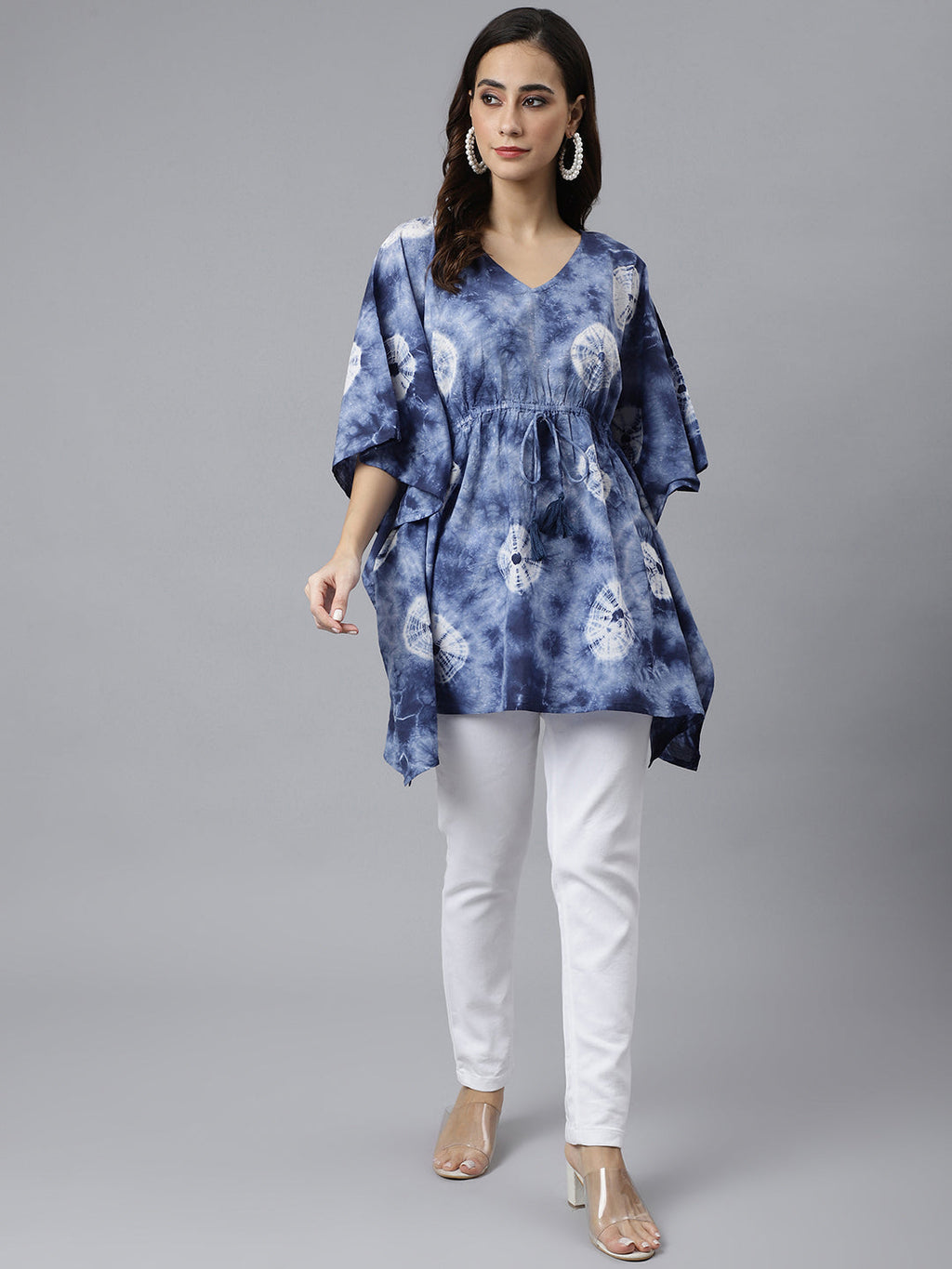 Janasya Women's Navy Blue Cotton Tie dye Kaftan Kaftan Tunic - Distacart