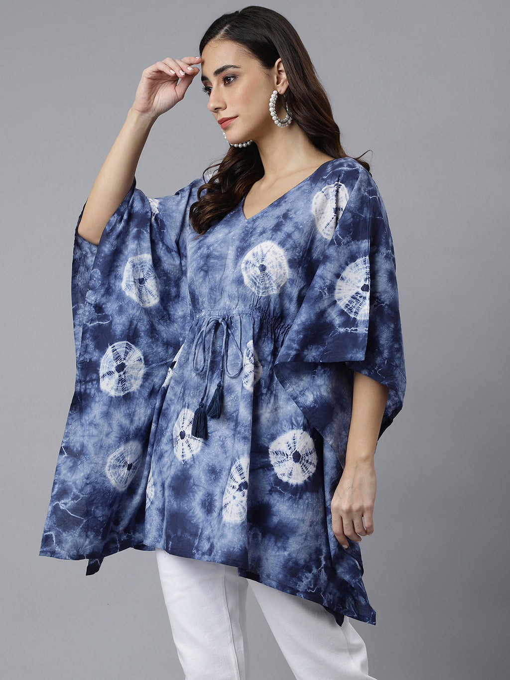 Janasya Women's Navy Blue Cotton Tie dye Kaftan Kaftan Tunic - Distacart
