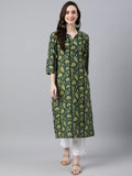 Indian Clothing Janasya Women's Dark Green Cotton Floral Printed Casual Straight Kurta