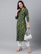 Indian Clothing Janasya Women's Dark Green Cotton Floral Printed Casual Straight Kurta