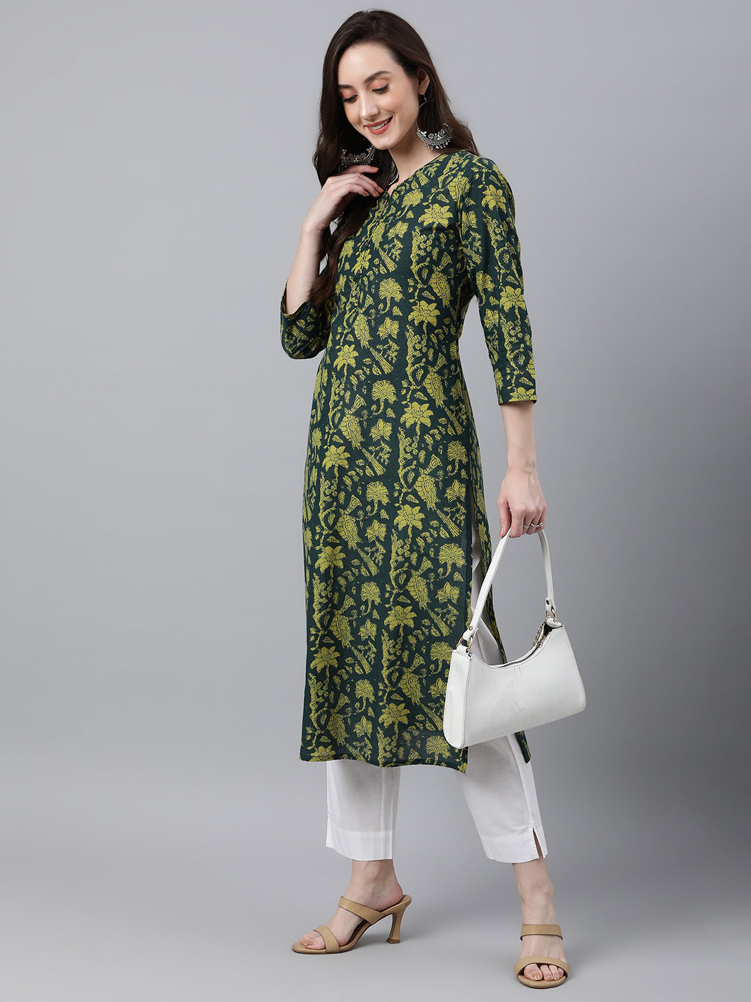 Indian Clothing Janasya Women's Dark Green Cotton Floral Printed Casual Straight Kurta