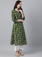 Indian Clothing Janasya Women's Dark Green Cotton Floral Printed Casual Straight Kurta