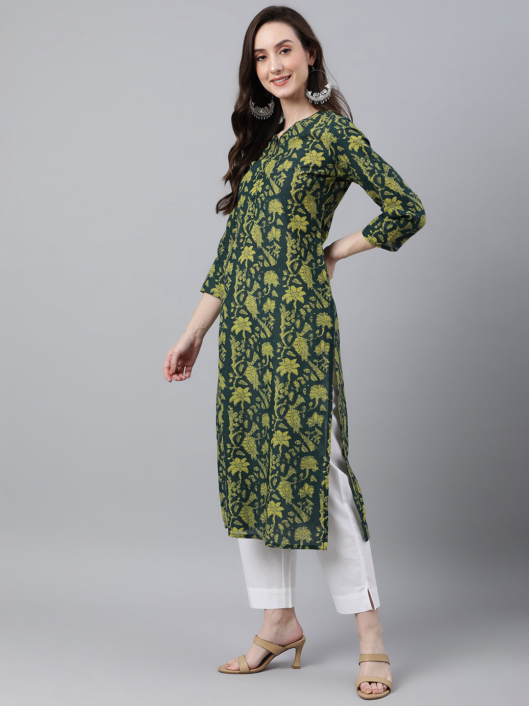 Indian Clothing Janasya Women's Dark Green Cotton Floral Printed Casual Straight Kurta