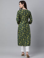Indian Clothing Janasya Women's Dark Green Cotton Floral Printed Casual Straight Kurta
