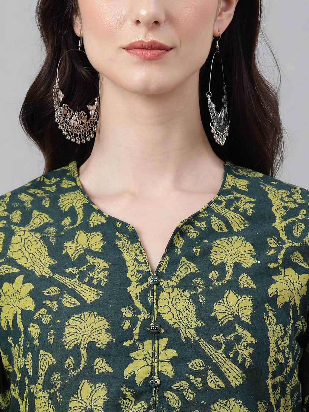 Indian Clothing Janasya Women's Dark Green Cotton Floral Printed Casual Straight Kurta