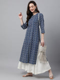 Janasya Women's Indigo Cotton Zig Zag Printed Casual Straight Kurta