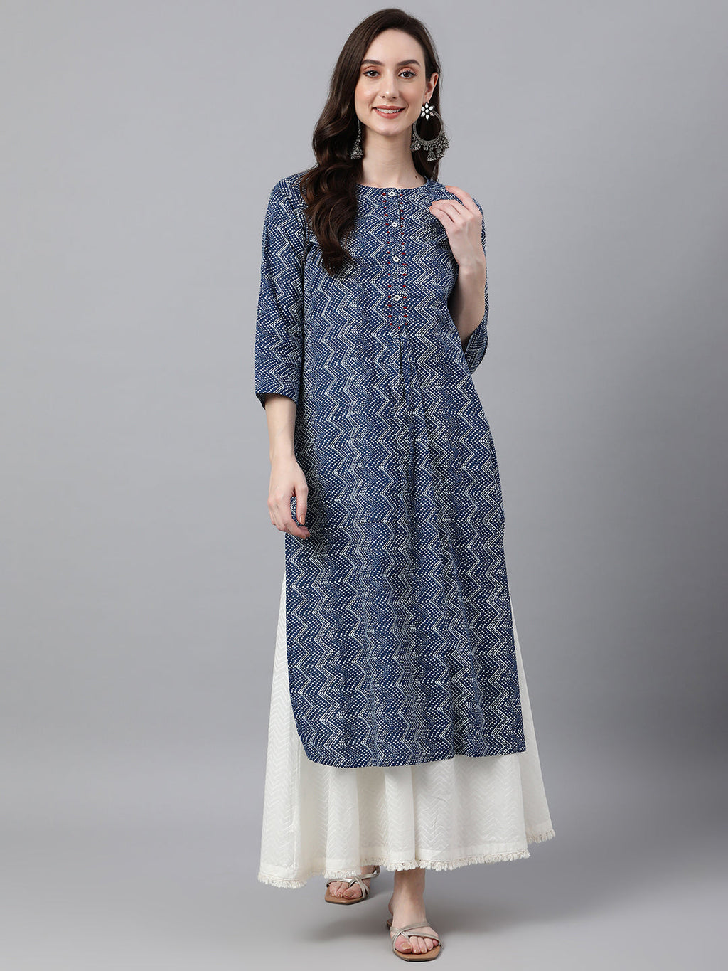 Janasya Women's Indigo Cotton Zig Zag Printed Casual Straight Kurta