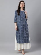 Janasya Women's Indigo Cotton Zig Zag Printed Casual Straight Kurta