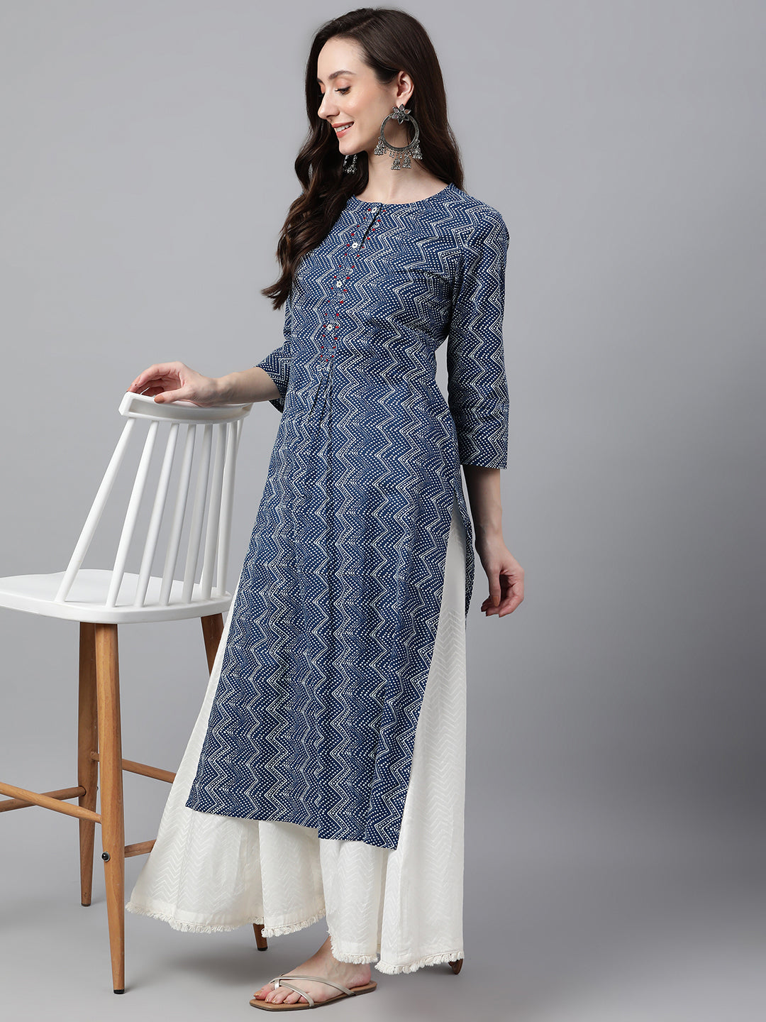 Janasya Women's Indigo Cotton Zig Zag Printed Casual Straight Kurta