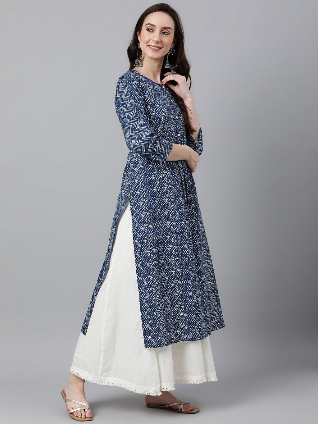 Janasya Women's Indigo Cotton Zig Zag Printed Casual Straight Kurta
