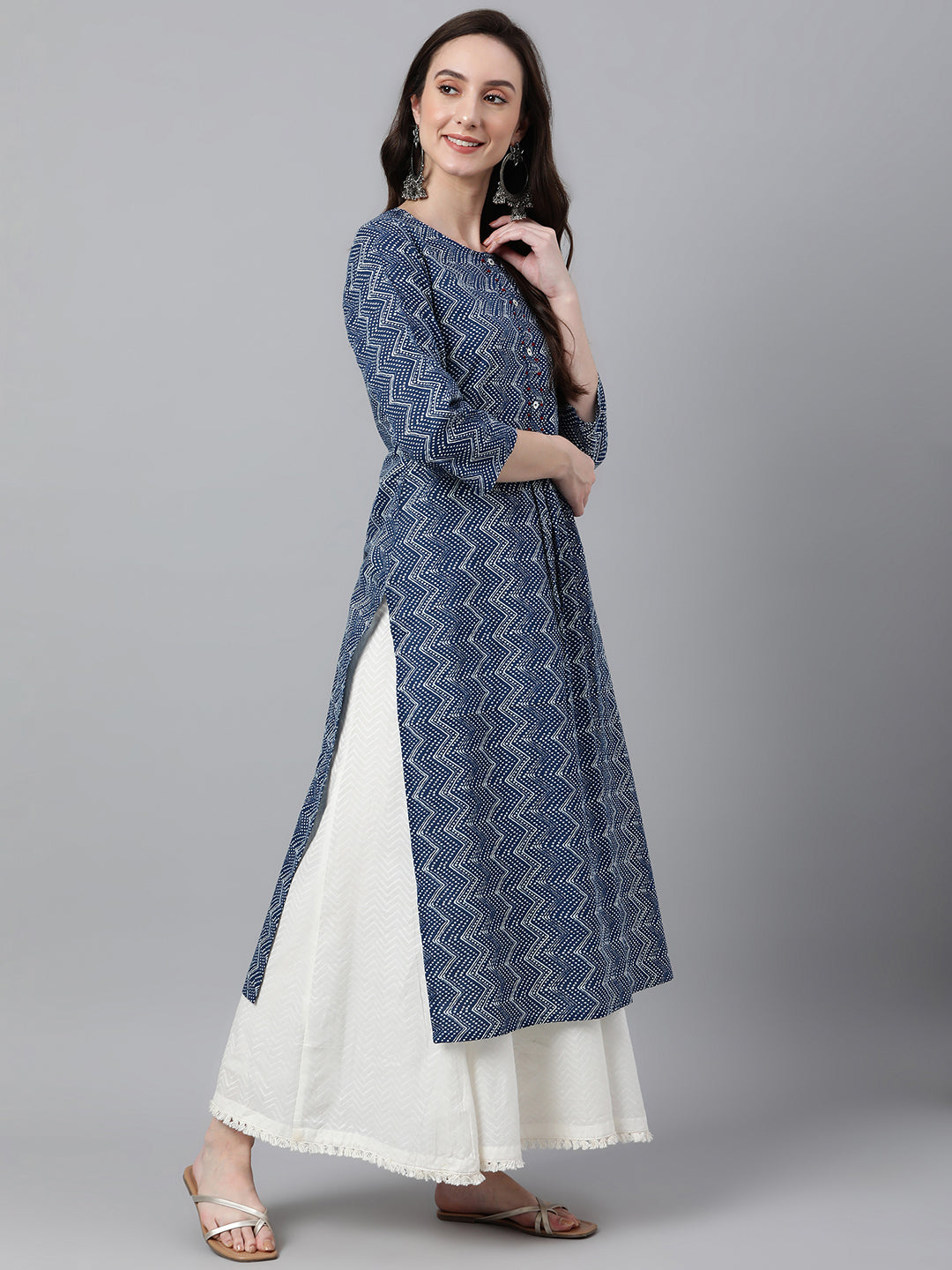 Janasya Women's Indigo Cotton Zig Zag Printed Casual Straight Kurta
