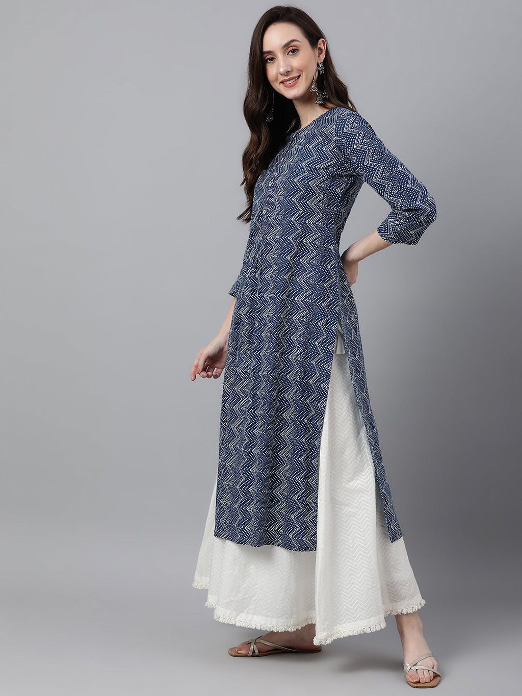 Janasya Women's Indigo Cotton Zig Zag Printed Casual Straight Kurta