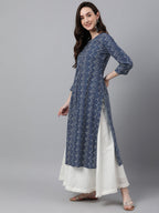Janasya Women's Indigo Cotton Zig Zag Printed Casual Straight Kurta