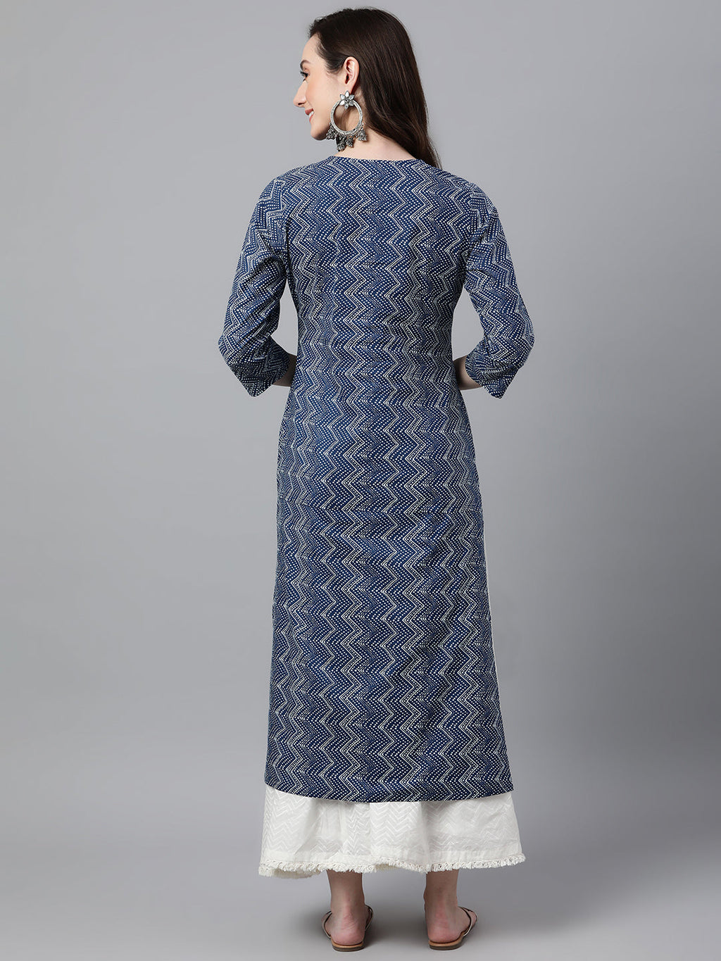 Janasya Women's Indigo Cotton Zig Zag Printed Casual Straight Kurta