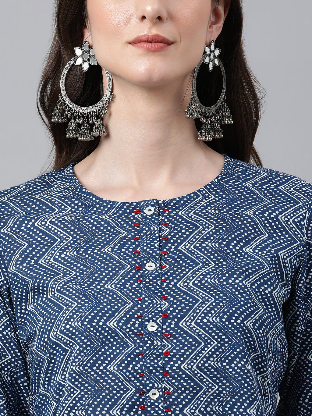 Janasya Women's Indigo Cotton Zig Zag Printed Casual Straight Kurta